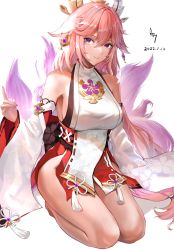 Rule 34 | 1girl, a-by, absurdres, animal ears, bad id, bad pixiv id, breasts, commentary request, dated, detached sleeves, earrings, fox ears, fox girl, fox shadow puppet, fox tail, genshin impact, hair between eyes, hair ornament, highres, japanese clothes, jewelry, kitsune, kyuubi, long hair, long sleeves, looking at viewer, low-tied long hair, multiple tails, nontraditional miko, parted lips, pink hair, purple eyes, ribbon-trimmed sleeves, ribbon trim, seiza, sideboob, sidelocks, signature, simple background, sitting, smile, solo, tail, vision (genshin impact), wide sleeves, yae miko