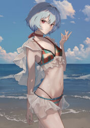Rule 34 | 1girl, absurdres, arm at side, ayanami rei, beach, bikini, blue hair, blue sky, choker, cloud, cloudy sky, commentary request, cowboy shot, day, expressionless, flat chest, frilled bikini, frills, hand up, highres, kissshotmagia, looking at viewer, neon genesis evangelion, ocean, outdoors, parted lips, red choker, red eyes, sand, shore, short hair, sky, solo, standing, swimsuit