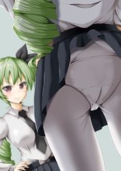 Rule 34 | 10s, 1girl, anchovy (girls und panzer), ass, belt, between breasts, blurry, blush, breasts, brown eyes, close-up, clothes lift, depth of field, drill hair, eyebrows, from behind, girls und panzer, green hair, hair ribbon, hands on own hips, highres, kuria (clear trip second), long hair, looking at viewer, necktie, necktie between breasts, panties, panties over pantyhose, pantyhose, reflection, ribbon, school uniform, skirt, skirt lift, smile, solo, twin drills, twintails, underwear, wardrobe malfunction, white panties, white pantyhose