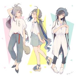 Rule 34 | 3girls, ahoge, alternate costume, asashimo (kancolle), black hair, black pants, blue eyes, casual, clothes writing, colis, earrings, grey hair, grey pants, grey shorts, hair over one eye, hayashimo (kancolle), jewelry, kantai collection, kiyoshimo (kancolle), long hair, low twintails, multiple girls, pants, sandals, shirt, short sleeves, shorts, smile, twintails, twitter username, white shirt, yellow eyes