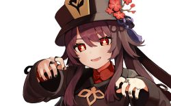 Rule 34 | 1girl, :d, black hat, black jacket, black nails, brown hair, commentary request, flower, flower-shaped pupils, genshin impact, hair between eyes, hat, hat flower, head tilt, highres, hu tao (genshin impact), jacket, jewelry, long hair, long sleeves, looking at viewer, nail polish, open mouth, red eyes, red flower, red shirt, ring, seramikku, shirt, simple background, sleeves past wrists, smile, solo, symbol-shaped pupils, twintails, upper body, white background