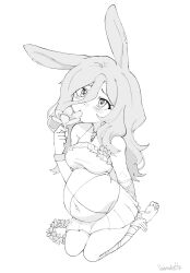 Rule 34 | 1girl, animal ears, arm ribbon, barefoot, belly, blush, bracelet, clothing cutout, commentary, commission, commissioner upload, covered navel, dress, earrings, eating, eating flower, english commentary, feet, flower, from above, hand on own foot, head wreath, highres, holding, holding flower, jarael (rayer), jewelry, lace-up top, leg ribbon, looking up, monochrome, navel, original, outie navel, pregnant, rabbit ears, rabbit girl, ribbon, see-through, seiza, sitting, sketch, skirt, soles, solo, stomach cutout, toes, vanabette