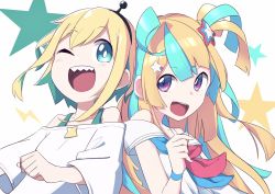 Rule 34 | 2girls, aimusu, amakawa hano, amano pikamee, back-to-back, blonde hair, blue hair, bright pupils, colored inner hair, closed eyes, green hair, hair behind ear, hair ornament, highres, looking to the side, multicolored hair, multiple girls, off-shoulder shirt, off shoulder, one eye closed, open mouth, purple eyes, re:act, sharp teeth, shirt, short sidetail, side ponytail, smile, star (symbol), star hair ornament, streaked hair, teeth, virtual youtuber, voms, white pupils, white shirt