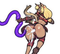 Rule 34 | 00s, 1girl, aftersex, aliasing, anger vein, angry, anus, ass, blonde hair, blush, cat ears, cat tail, cum, cum in ass, cum string, cumdrip, fang, final fantasy, final fantasy xi, forced, gaping, headband, looking back, mithra (ff11), no panties, noill, pulling, pussy, simple background, solo, tail, tentacles, uncensored, white background
