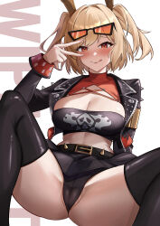 1girl :q absurdres black_jacket black_panties blonde_hair blush breasts burnice_white cleavage eyewear_on_head highres jacket large_breasts looking_at_viewer noro_(akatuki_1110) open_clothes open_jacket panties red_eyes simple_background sitting solo sunglasses thighs tongue tongue_out twintails underwear v white_background zenless_zone_zero