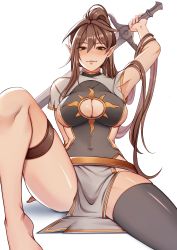 Rule 34 | 1girl, absurdres, arm behind back, arm support, arm up, barefoot, black shirt, black thighhighs, breasts, brown hair, cleavage cutout, clothing cutout, commentary, elf, elfboiii, green eyes, hair between eyes, highres, holding, holding sword, holding weapon, knee up, large breasts, long hair, looking at viewer, original, parted lips, pelvic curtain, pointy ears, ponytail, shiny skin, shirt, shrug (clothing), simple background, single thighhigh, sitting, solo, sword, thigh strap, thighhighs, weapon, white background