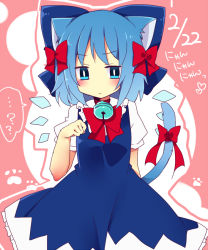 Rule 34 | 1girl, ?, animal ears, bad id, bad pixiv id, bell, neck bell, blue eyes, blue hair, blush, bow, bowtie, cat day, cat ears, cirno, collar, collared shirt, dated, dress, embarrassed, hair bow, hair ribbon, ice, ice wings, kemonomimi mode, large bow, looking down, matching hair/eyes, paw pose, paw print, puffy short sleeves, puffy sleeves, ribbon, shirt, short hair, short sleeves, solo, spoken question mark, tail, tail bow, tail ornament, touhou, uguisu mochi (ykss35), wings