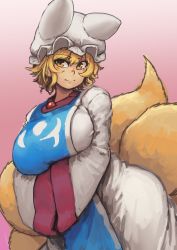 Rule 34 | 1girl, absurdres, animal hat, blonde hair, breasts, chanta (ayatakaoisii), cowboy shot, curvy, expressionless, fox tail, gradient background, hair between eyes, hat, highres, huge breasts, long sleeves, mob cap, multiple tails, own hands together, pink background, short hair, sideways glance, solo, tabard, tail, touhou, wavy hair, white background, wide hips, wide sleeves, yakumo ran, yellow eyes