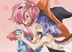 Rule 34 | 2girls, alternate costume, bat hair ornament, bat wings, blue hair, candy, costume, eye contact, hair ornament, hairband, hat, heart, komeiji satori, lollipop, looking at another, mouth hold, multiple girls, open mouth, pink eyes, pink hair, red eyes, remilia scarlet, smile, tongue, tongue out, touhou, upper body, wings, witch hat, yohane, yuri