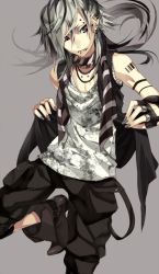 Rule 34 | 1boy, bad id, bad pixiv id, barcode, black gloves, brown eyes, ear piercing, fingerless gloves, gloves, grey background, grey theme, hoe-l, jewelry, lip piercing, long hair, male focus, markings, necklace, original, pants, piercing, scarf, shirt, shoes, silver hair, simple background, sleeveless, solo, standing, standing on one leg