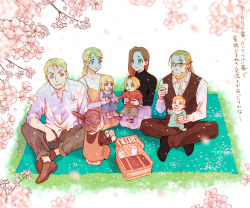 Rule 34 | 4boys, 4girls, alphonse elric, alternate universe, baby, basket, blanket, blonde hair, blue eyes, blurry, blurry foreground, branch, brothers, brown hair, carrying, cherry blossoms, couple, cup, depth of field, dress shirt, edward elric, family, father and daughter, father and son, flower, food, full body, fullmetal alchemist, glass, glasses, grandfather and granddaughter, grass, green eyes, hanami, hanayama (inunekokawaii), happy, hetero, holding, holding cup, husband and wife, crossed legs, mother and daughter, mother and son, multiple boys, multiple girls, outdoors, petals, pinako rockbell, pink flower, sandwich, sara rockbell, seiza, shirt, siblings, sitting, smile, translation request, trisha elric, urey rockbell, van hohenheim, white shirt, winry rockbell, yellow eyes, aged down