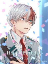 Rule 34 | 1boy, bag, blue eyes, blurry, blurry background, blurry foreground, boku no hero academia, burn scar, confetti, dated, english text, foreground text, hair between eyes, happy birthday, heterochromia, highres, light blush, long bangs, male focus, messenger bag, multicolored hair, parted lips, red hair, scar, scar on face, school uniform, short hair, shoulder bag, smile, solo, split-color hair, surprised, text focus, todoroki shouto, twitter username, two-tone hair, u.a. school uniform, white hair