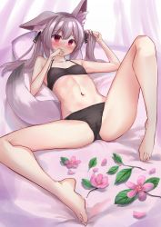 Rule 34 | 1girl, absurdres, akinakesu-chan, animal ear fluff, animal ears, arm up, bare arms, bare legs, bare shoulders, barefoot, bed sheet, black bra, black panties, black ribbon, blush, bow, bow bra, bow panties, bra, breasts, collarbone, covered mouth, flower, grey hair, hair between eyes, hair ribbon, hand up, highres, knee up, long hair, lying, navel, on back, original, panties, petals, pillow, pink flower, red eyes, ribbon, small breasts, solo, spread legs, tail, twintails, underwear, underwear only