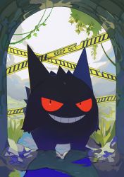 Rule 34 | absurdres, caution tape, creatures (company), day, game freak, gen 1 pokemon, gengar, grin, highres, keep out, leaf, looking at viewer, nintendo, no humans, plant, pokemon, pokemon (creature), red eyes, smile, solo, teeth, two pokemon, vines