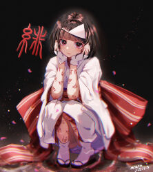Rule 34 | 1girl, absurdres, black footwear, black hair, body writing, bow, closed mouth, commentary request, dated, diagonal bangs, hands up, highres, japanese clothes, kimono, long hair, looking at viewer, meng meng da moeru, nora (noragami), noragami, obi, petals, red bow, red eyes, sandals, sash, short sleeves, signature, smile, socks, solo, squatting, striped, striped bow, tabi, triangular headpiece, white headwear, white kimono, white socks, wide sleeves, zouri