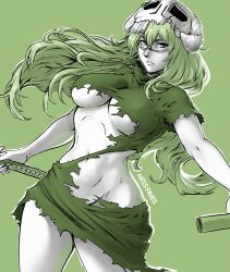 Rule 34 | 1girl, absurdres, arrancar, artist name, bleach, breasts, closed mouth, commentary, dress, english commentary, facial mark, green background, green dress, green eyes, green hair, hair between eyes, highres, holding, holding sheath, holding sword, holding weapon, katana, large breasts, long hair, looking at viewer, miss faves, navel, nelliel tu odelschwanck, serious, sheath, skull on head, solo, sword, torn clothes, torn dress, underboob, weapon