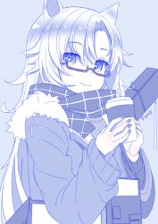 Rule 34 | animal ears, arknights, character name, closed mouth, coffee cup, cup, disposable cup, fang (arknights), fang (cruciata) (arknights), fur-trimmed jacket, fur trim, glasses, grey background, hair between eyes, hands up, highres, holding, holding cup, jacket, long hair, long sleeves, looking at viewer, monochrome, nail polish, official alternate costume, open clothes, open jacket, parted bangs, semi-rimless eyewear, simple background, sleeves past wrists, smile, solo, somnium, under-rim eyewear, upper body, very long hair