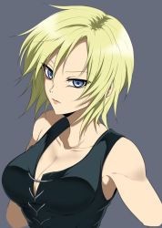 Rule 34 | 1girl, aya brea, blonde hair, blue eyes, breasts, cleavage, closed mouth, kurobe sclock, looking at viewer, medium hair, parasite eve, parasite eve the 3rd birthday, simple background, solo