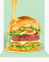 Rule 34 | bread, burger, cheese, commentary request, egg (food), food, food focus, fried egg, lettuce, luan tang, meat, no humans, original, sauce, sesame seeds, still life, tomato, tomato slice