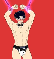 Rule 34 | 1boy, bishoujo senshi sailor moon, blush, booty electric, bulge, chain, chiba mamoru, crotch, highres, male focus, mask, restrained, topless male, solo, tagme, undressing