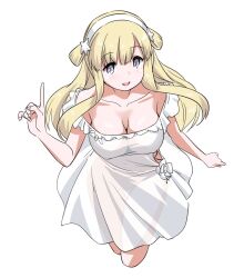 Rule 34 | 1girl, blonde hair, breasts, cleavage, cropped legs, double bun, dress, fletcher (kancolle), hair bun, hair ornament, hairband, index finger raised, kantai collection, large breasts, long hair, off-shoulder dress, off shoulder, official alternate costume, purple eyes, solo, star (symbol), star hair ornament, tamu (mad works), white dress, white hairband