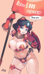 Rule 34 | 1girl, alternate costume, animal ears, arm up, armor, bear ears, bear girl, bear tail, belly, bikini armor, black eyes, black hair, breasts, brown bear (kemono friends), cameltoe, colored inner hair, den (zeroshiki), detached collar, ear covers, english text, fur collar, gloves, grin, groin, hand up, head tilt, highres, kemono friends, large breasts, leaning forward, looking at viewer, medium hair, milestone celebration, multicolored hair, navel, pointing, pointing at viewer, red armor, revealing clothes, shoulder armor, skindentation, smile, solo, stomach, tail, thank you, thigh strap, two-tone hair, white hair