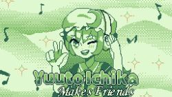 Rule 34 | :d, blush, chained tan, game cg, green theme, headphones, ichika yuuto, lame dimension, looking at viewer, monochrome, musical note, official art, open mouth, pixel art, smile, super ledgehop: double laser, title screen, v, wink, yuuto ichika makes friends