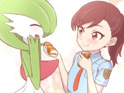 Rule 34 | 2girls, :t, ^ ^, blue shirt, blush, bob cut, breast pocket, brown eyes, brown hair, chewing, closed eyes, closed mouth, collared shirt, colored skin, creatures (company), eating, female focus, flat chest, food, from side, funmocha, game freak, gardevoir, gen 3 pokemon, green hair, green skin, hands on own cheeks, hands on own face, hands up, happy, holding, holding food, juliana (pokemon), looking at another, matching hair/eyes, medium hair, multicolored skin, multiple girls, necktie, nintendo, open mouth, orange necktie, pocket, pokemon, pokemon (creature), pokemon sv, ponytail, profile, school uniform, sharing food, shirt, short hair, short sleeves, sideways mouth, simple background, smile, split mouth, submarine sandwich, two-tone skin, upper body, white background, white skin