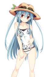 Rule 34 | 1girl, alternate hairstyle, alternate headwear, bare arms, bare legs, bare shoulders, bikini, bikini bottom only, blue hair, blush, collarbone, dress shirt, food, fruit, glasses, hat, highres, hinanawi tenshi, long hair, looking at viewer, maturiuta sorato, panties, peach, red eyes, shirt, simple background, sleeveless, smile, solo, straw hat, sunglasses, swimsuit, tank top, tankini, touhou, twintails, two side up, underwear, white background