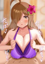 Rule 34 | 1boy, 1girl, absurdres, blush, breasts, brown hair, clothed female nude male, clothed sex, grabbing, grabbing another&#039;s breast, hair over one eye, highres, huge breasts, kono subarashii sekai ni shukufuku wo!, large breasts, long hair, lying, momiji (user hchf8543), nude, on back, out of frame, paizuri, paizuri under clothes, upper body, wiz (konosuba), yellow eyes