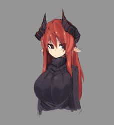 Rule 34 | 1girl, :/, black eyes, breasts, commentary, grey background, horns, large breasts, long hair, looking at viewer, original, pointy ears, red hair, red pupils, ribbed sweater, simple background, solo, sub-res, sweater, turtleneck, turtleneck sweater, upper body