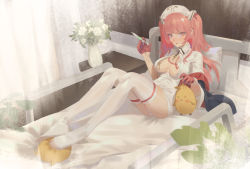 Rule 34 | 1girl, azur lane, bed, bird, center opening, chick, cirilla lin, feet, flower, gloves, half gloves, hat, highres, holding, holding syringe, hospital, looking at viewer, no bra, no shoes, nurse, nurse cap, official alternate costume, on bed, panties, perseus (azur lane), perseus (unfamiliar duties) (azur lane), pink eyes, pink gloves, pink hair, scenery, sitting, soles, solo, syringe, thighhighs, twintails, underwear, vase, white hat, white thighhighs