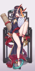 Rule 34 | 1girl, absurdres, bell, black eyes, black hair, braid, breasts, center opening, chair, china dress, chinese clothes, dress, fangs, fate/grand order, fate (series), fingernails, gluteal fold, gradient background, hat, highres, horns, ji dan, long fingernails, looking at viewer, nail polish, no panties, ofuda, open mouth, pointy ears, qingdai guanmao, short hair, shuten douji (fate), shuten douji (festival outfit) (fate), simple background, sitting, skin-covered horns, small breasts, solo, thick eyebrows, thighs, tongue