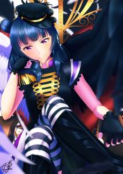 Rule 34 | 1girl, artist name, artist request, asymmetrical wings, band uniform, belt, black gloves, black hat, black legwear, black shirt, black skirt, black wings, blue hair, blush, breasts, chair, collared shirt, crossed legs, epaulettes, female focus, fingerless gloves, frilled sleeves, frills, gloves, hair bun, hair over shoulder, hat, highres, in the unstabe world, in the unstabe world (love live!), long hair, looking at viewer, love live!, love live! school idol festival, love live! sunshine!!, medium breasts, mini hat, miniskirt, mismatched wings, on chair, parted lips, pink eyes, plaid, plaid skirt, pleated, pleated skirt, purple eyes, purple skirt, shirt, short sleeves, shoulder pads, side bun, single hair bun, sitting, skirt, smile, solo, striped legwear, throne, tsushima yoshiko, white belt, white legwear, white wings, wings