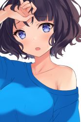 Rule 34 | 1girl, arm up, bad id, bad twitter id, bare shoulders, black hair, blue eyes, blue shirt, blush, breasts, commentary, english commentary, fate/grand order, fate (series), hitsukuya, katsushika hokusai (fate), looking at viewer, medium breasts, off shoulder, parted lips, shirt, short hair, simple background, solo, sweat, unfinished, upper body, white background