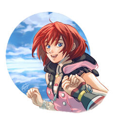 Rule 34 | 1boy, 1girl, bangle, bare shoulders, blue eyes, bracelet, breasts, diana mercolini, dress, hair between eyes, holding hands, hood, hood down, hooded dress, jewelry, kairi (kingdom hearts), kingdom hearts, kingdom hearts iii, looking at viewer, medium breasts, necklace, open mouth, out of frame, outdoors, pink dress, red hair, short hair, signature, sleeveless, sleeveless dress, smile, sora (kingdom hearts), upper body