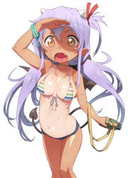 Rule 34 | 1girl, bat wings, bikini, bikini top only, bottle, breasts, cutoffs, demon girl, demon tail, fang, hair ribbon, horns, long hair, medium breasts, multicolored stripes, one-piece tan, one side up, open mouth, purple hair, ribbon, sengoku collection, short shorts, shorts, simple background, solo, striped bikini, striped clothes, swimsuit, tail, tan, tanline, tenchisouha, tsukahara bokuden (sengoku collection), white background, wings, yellow eyes