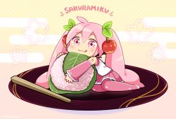 Rule 34 | 1girl, :3, bare shoulders, character name, cherry hair ornament, commentary, detached sleeves, egasumi, food, food-themed hair ornament, hair ornament, hatsune miku, headphones, holding, holding food, leaf, long hair, looking at viewer, mini person, minigirl, mochi, nokuhashi, hugging object, pink eyes, pink hair, pink skirt, pink sleeves, pink thighhighs, plate, sakura miku, sakura mochi, shirt, shoulder tattoo, skirt, sleeveless, sleeveless shirt, smile, solo, stick, tattoo, thighhighs, tongue, tongue out, twintails, very long hair, vocaloid, wagashi, white shirt