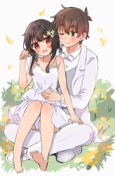 Rule 34 | 1boy, 1girl, :d, ;), alternate costume, arm at side, bare arms, barefoot, black hair, blunt bangs, blush, bow, bowtie, brown hair, collared shirt, couple, dress, falling petals, flower, formal, full body, grass, green eyes, hair between eyes, hand up, happy, head tilt, hetero, highres, holding hands, hug, indian style, knees up, kono subarashii sekai ni shukufuku wo!, long sleeves, looking at another, looking at viewer, megumin, no headwear, on grass, one eye closed, open mouth, outdoors, pants, petals, red eyes, satou kazuma, shirt, short hair, short hair with long locks, simple background, sitting, sitting on lap, sitting on person, sketch, smile, soles, spaghetti strap, spiked hair, suit, sundress, toes, wedding, wedding dress, white background, white bow, white bowtie, white dress, white pants, white shirt, white suit, yellow flower, yuno (suke yuno)