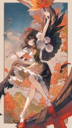 Rule 34 | 1girl, :o, absurdres, autumn leaves, bird, black hair, black wings, book, falling feathers, feathered wings, feathers, geta, hand fan, hat, highres, holding, holding book, holding fan, looking at viewer, maccha (mochancc), mountain, outstretched arm, pom pom (clothes), puffy short sleeves, puffy sleeves, red eyes, red footwear, shameimaru aya, short sleeves, solo, tengu-geta, tokin hat, touhou, two-tone dress, wings