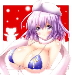 Rule 34 | 1girl, adapted costume, bare shoulders, bikini, blue bikini, breasts, cirno, cleavage, collarbone, front-tie top, hat, huge breasts, letty whiterock, light purple hair, looking at viewer, osashin (osada), outside border, purple eyes, scarf, short hair, silhouette, smile, snowman, solo, string bikini, swimsuit, touhou, upper body