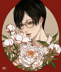 Rule 34 | 1boy, absurdres, black eyes, black hair, closed mouth, commentary, flower, glasses, highres, holding, holding flower, kagoya1219, looking at viewer, male focus, original, outside border, portrait, short hair, signature, solo, white flower