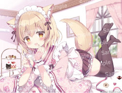 Rule 34 | 1girl, :d, animal ear fluff, animal ears, apron, azumi kazuki, black skirt, black thighhighs, blurry, blurry background, blush, brown eyes, brown hair, checkerboard cookie, commentary request, cookie, curtains, depth of field, floral print, food, frilled apron, frilled skirt, frilled sleeves, frills, hair between eyes, holding, holding spoon, indoors, japanese clothes, kimono, long sleeves, looking at viewer, lying, maid, maid headdress, nail polish, no shoes, on stomach, open mouth, original, pink kimono, pink nails, print kimono, sample watermark, skirt, smile, soles, solo, spoon, tail, thighhighs, tiered tray, wa maid, watermark, white apron, wide sleeves, window