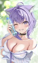 Rule 34 | 1girl, absurdres, ahoge, animal collar, animal ear fluff, animal ears, bare shoulders, black collar, blue hair, blush, breasts, cat ears, cat girl, cleavage, collar, collarbone, colored inner hair, dress shirt, hair between eyes, highres, hololive, large breasts, looking at viewer, loose neck ribbon, multicolored hair, naked shirt, nekomata okayu, nekomata okayu (oversized shirt), no bra, official alternate costume, one eye closed, purple eyes, purple hair, purple ribbon, ramune, ribbon, see-through, shirt, short hair, smile, solo, teeth, torakichi 888, virtual youtuber, wet, wet clothes, white shirt