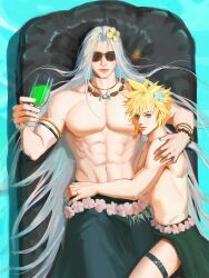 Rule 34 | 2boys, abs, afloat, armlet, bead bracelet, beads, biceps, black skirt, blonde hair, blue eyes, blue flower, bracelet, cloud strife, couple, cup, drink, final fantasy, final fantasy vii, flower, frost9792, glass, grey hair, hair flower, hair ornament, hand on another&#039;s shoulder, hand on another&#039;s waist, highres, holding, holding cup, holding drink, inflatable raft, inflatable toy, jewelry, knee up, large pectorals, leg between thighs, light smile, long hair, lying, male focus, matching ring, multiple boys, muscular, muscular male, necklace, on back, outdoors, pectorals, pink flower, pool, ring, sephiroth, shell, shell necklace, short hair, skirt, spiked hair, summer, sunglasses, thigh strap, topless male, upper body, water, wedding ring, yaoi, yellow flower