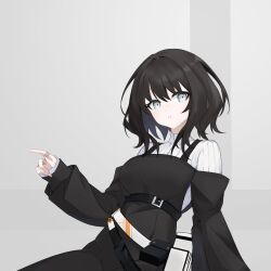 Rule 34 | 1girl, absurdres, alchemy stars, anri (user ncce8585), belt, black dress, black hair, breasts, detached sleeves, dot nose, dress, grey eyes, hair intakes, highres, jewelry, lenore (alchemy stars), looking at viewer, medium hair, multiple rings, off-shoulder dress, off shoulder, parted lips, pouch, ring, shirt, sleeves past wrists, small breasts, solo, upper body, white shirt