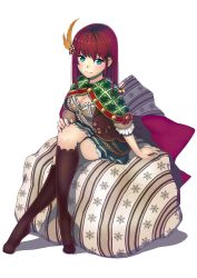 Rule 34 | 1girl, black thighhighs, blue eyes, breasts, cleavage, crossed legs, feathers, feet, hair ornament, hand on own knee, highres, kamome yuu, looking at viewer, no shoes, original, red hair, shawl, sitting, skirt, solo, thighhighs, white background