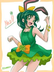 Rule 34 | 10s, 1girl, animal ears, arudebido, bow, carrot, character name, green eyes, green hair, green skirt, hair bow, highres, jewelry, matching hair/eyes, midorikawa nao, necklace, orange bow, ponytail, precure, rabbit ears, short hair, simple background, skirt, smile precure!, solo, twitter username, white background, yellow bow