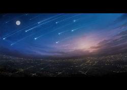 Rule 34 | blue sky, city, city lights, fantasy, full moon, landscape, letterboxed, moon, night, night sky, no humans, original, outdoors, sachi (yumemayoi), scenery, shooting star, sky, star (sky), starry sky, witch