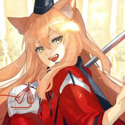Rule 34 | 10s, 1girl, animal ear fluff, animal ears, blonde hair, breasts, commentary request, fangs, fate/extra, fate/extra ccc, fate/extra ccc fox tail, fate (series), fox ears, hat, karasawa201, large breasts, long hair, looking at viewer, open mouth, red ribbon, ribbon, smile, solo, suzuka gozen (fate), yellow eyes